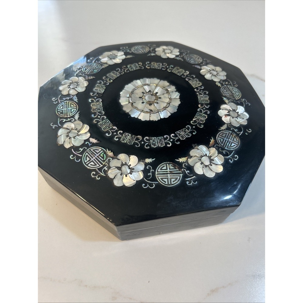 CHINESE LAQUER MOTHER OF PEARL 6 SIDES JEWERLY BOX W/9 FITTED DISHES/TRAYS 11.5"